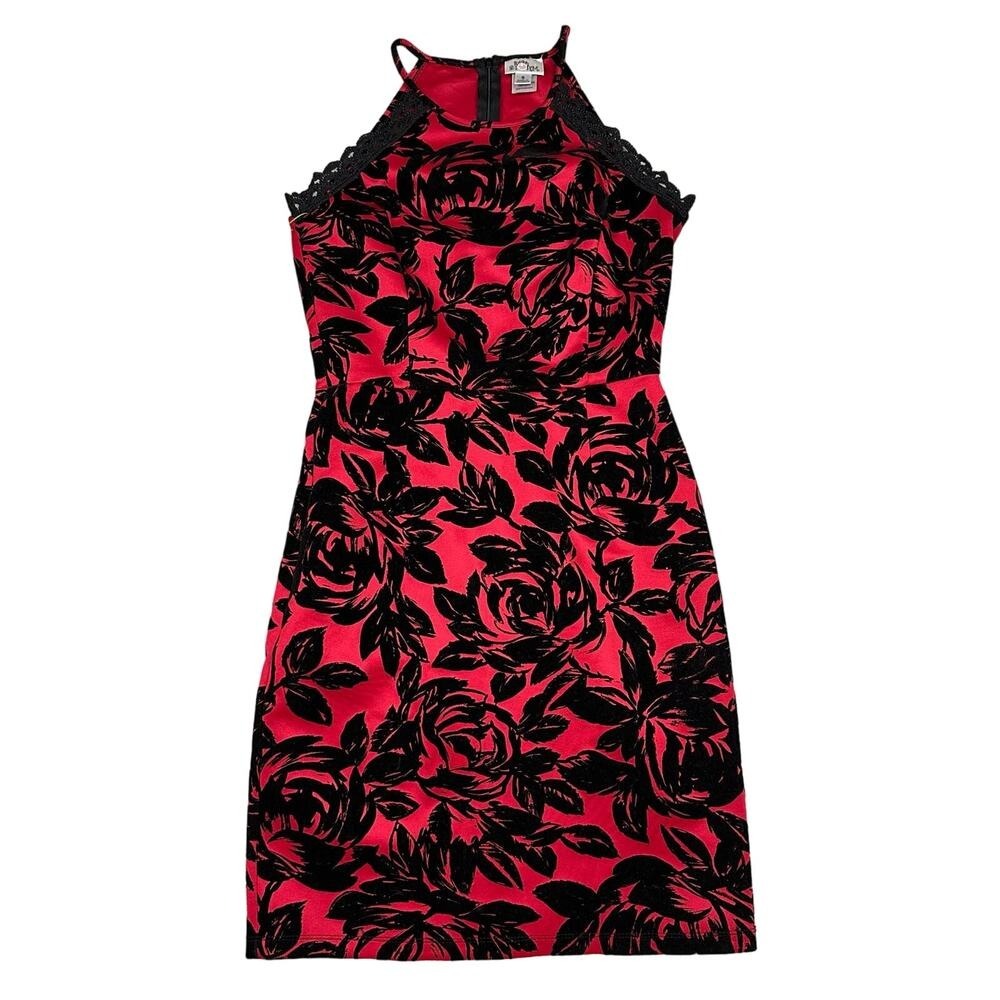 Sweet Storm Floral Halter Dress Womens Small Red Black Velvet Flocked Excellent